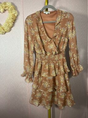 She + Sky Rust Brown Floral Ruffle Tiered Long Sleeve Dress